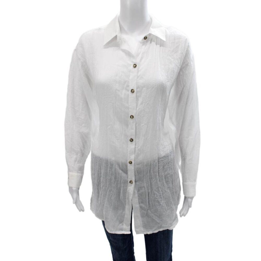 Boamar Womens Tunic Button Up Collared Long Sleeve White Polyester Size M